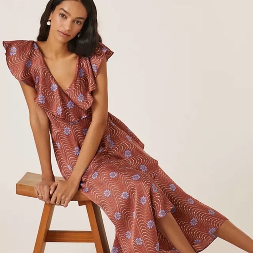 Anthropologie Ruffle Sleeve Wrap Style Floral Printed Midi Dress Size XS